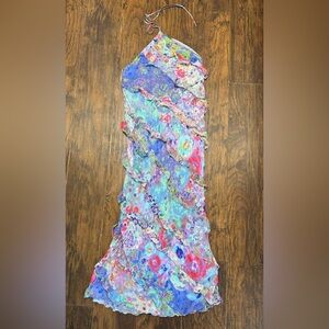 Zara Ruffle Halter Midi Dress Colorful Floral Chiffon Boho XL